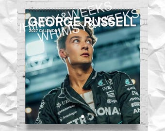 May include: A 2027 wall calendar featuring a portrait of George Russell wearing a black Mercedes racing jacket with various sponsor logos. The text George Russell and 2027 Calendar is printed in white over the image of the driver.