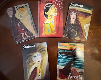 Five cards with envelopes. Original oil and acrylic paintings, transferred to stock card material. Made to stimulate and inspire the senses.