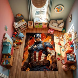 Tappeto Capitan America, Capitan America, Tappeto Eroe, Regalo, Tappeto Antiscivolo, Tappeto per Bambini, Design Capitan America, Design Cartone Animato, Tappeto Multicolore