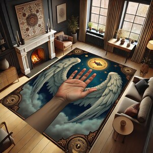 Può includere: Un tappeto rettangolare con un design surreale. Presenta una grande mano che si protende verso un cielo notturno con ali d'angelo. Il tappeto ha uno sfondo blu scuro con un bordo dorato e un tema celeste.
