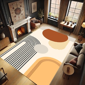 Retro Minimalist Design Area Rug, Modern Rug, Colorful Rug, Geometric Shapes, Orange Design Rug, Non-slip Rug, Gift, Orange Circle, Carpet