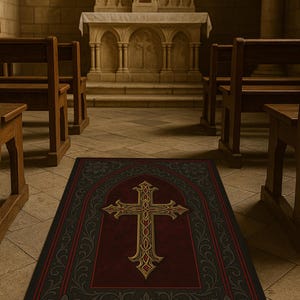 Könnte beinhalten: Dekorativer rechteckiger Teppich mit burgunderroter Mitte und goldenem Kreuzdesign. Der Teppich hat einen schwarzen Rand mit floralen und Scroll-Mustern. Der Hintergrund zeigt ein Kircheninterieur mit Holzbänken und einem Altar.