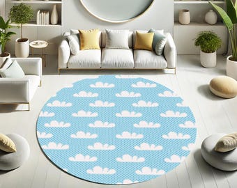 Round Rug, Cloud Patterned, Cloud, Sky Design Rug, Sky, Gift, Kids Room Rug, Blue Rug, Child For Rug, Cloud Shapes, Non-slip Rug,Special Rug