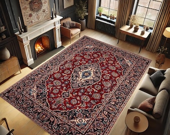 May include: A red, blue, and cream colored Persian rug with intricate floral patterns. The rug is laid out on a wooden floor in a living room setting.