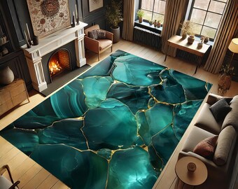 May include: A green and gold area rug with a marbleized pattern. The rug has a modern design with abstract shapes and gold veins.