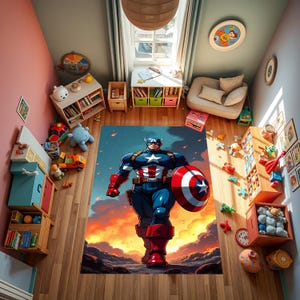 Tappeto Capitan America, Capitan America, Tappeto Eroe, Regalo, Tappeto Antiscivolo, Tappeto per Bambini, Design Capitan America, Design Cartone Animato, Tappeto Multicolore