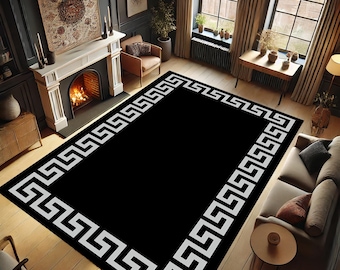Patterned Rug, Modern Rug, Frame Design Rug, Black Rug, Dark Rug, Modern Rug, Elegance Rug, Mid Century Rug, Non-slip Rug, Washable Rug,Gift