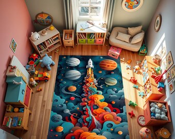 Puede incluir: Una alfombra colorida con un diseño de cohete, planetas y estrellas. La alfombra está en un suelo de madera en una habitación con juguetes y muebles.