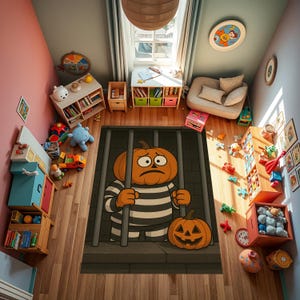 May include: A Halloween-themed rug with a cartoon pumpkin wearing a striped shirt and a jail cell pattern. The pumpkin has a sad expression and is holding onto the bars of the cell.