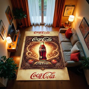 Op de afbeelding: Een vintage Coca-Cola-kleed met een rood-gouden kleurenschema. Het kleed heeft een groot Coca-Cola-logo, een fles Coca-Cola en sierlijke details. De tekst "Coca-Cola" staat meerdere keren op het kleed.