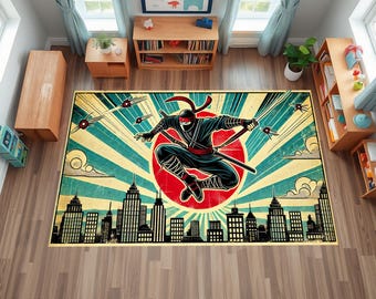 Ninja Rug, Japanese Rug, Japanese Design, City Design Rug, Cloud Design Rug, Non-slip Rug, Blue Line Rug, Gift, Popular Rug, Hero Design Rug