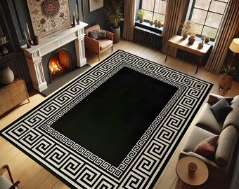 Patterned Rug, Turkish Rug, Black Rug, Old Motifs Rug, Frame Design Rug, Non-slip Rug, Washable Rug, Modern Rug, Elegance Rug, Home Decor