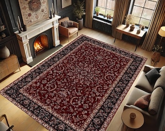 May include: A red and black patterned area rug with a floral design. The rug is laid out on a hardwood floor in a living room setting.