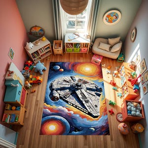 May include: A colourful rug with a space-themed design featuring a spaceship, stars, and planets. The rug is laid out on a wooden floor in a room with toys and furniture.