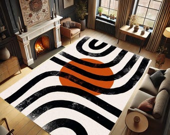 Retro Minimalist Design Area Rug, Modern Rug, Colorful Rug, Geometric Shapes, Orange Design Rug, Non-slip Rug, Gift, Orange Circle, Carpet