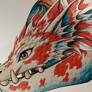 May include: A decorative cutout of a dragon head featuring a vibrant koi fish pattern. The scales are rendered in shades of bright orange, white, and light blue. The dragon has a sharp, angular design with prominent fins, a single visible eye, and teeth.