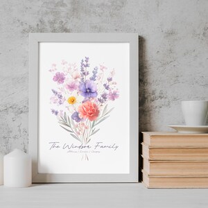 Bouquet di fiori di nascita della famiglia, arte murale digitale. Stampa acquerello personalizzabile e personalizzata per una nuova casa, San Valentino o regalo di compleanno.