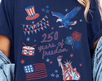 Semi Quincentennial Shirt, Cute Summer Tee for 4th of July Freedom Drawing Collage- Statue of Liberty, American Flag, Uncle Sam, Bald Eagle
