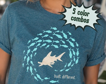 Summer Graphic Tee Hammerhead Shark Built Different T-Shirt, Bella Canvas Heather Colors, Beach Vacay Lake Pool Cover Up Summer Outfit Shirt