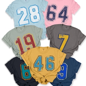 Puede incluir: Una colecci&oacute;n de camisetas de manga corta en varios colores, cada una con un n&uacute;mero grande y desgastado. Los colores incluyen azul claro, rosa, gris, amarillo y azul marino. Los n&uacute;meros son de colores contrastantes, como blanco, azul, rojo y amarillo.
