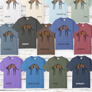 May include: A collection of Comfort Colors brand t-shirts in various colors, each featuring a black cat design with the word "BEWARE" in orange. The shirts are available in 13 colors and 7 sizes.