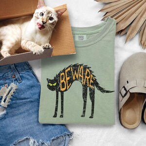 May include: A light green t-shirt with a black cat graphic that says "BEWARE" in orange letters. A cat with tan and white fur sits in a cardboard box. Blue denim shorts and tan slip-on shoes are also in the image.