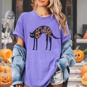 Vintage Black Cat Halloween T-Shirt: Retro Distressed Spooky Season Tee, Alternative Halloween Costume Outfit Shirt, Autumn Fall Ascetic image 2