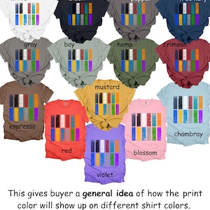 Puede incluir: Una tabla de colores de camisetas con camisetas Comfort Colors 1717 en varios colores, incluyendo blanco, negro y rojo. Cada camiseta muestra un dise&ntilde;o de impresi&oacute;n colorido. El texto explica c&oacute;mo puede variar el color de la impresi&oacute;n.