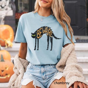 Vintage Black Cat Halloween T-Shirt: Retro Distressed Spooky Season Tee, Alternative Halloween Costume Outfit Shirt, Autumn Fall Ascetic Chambray