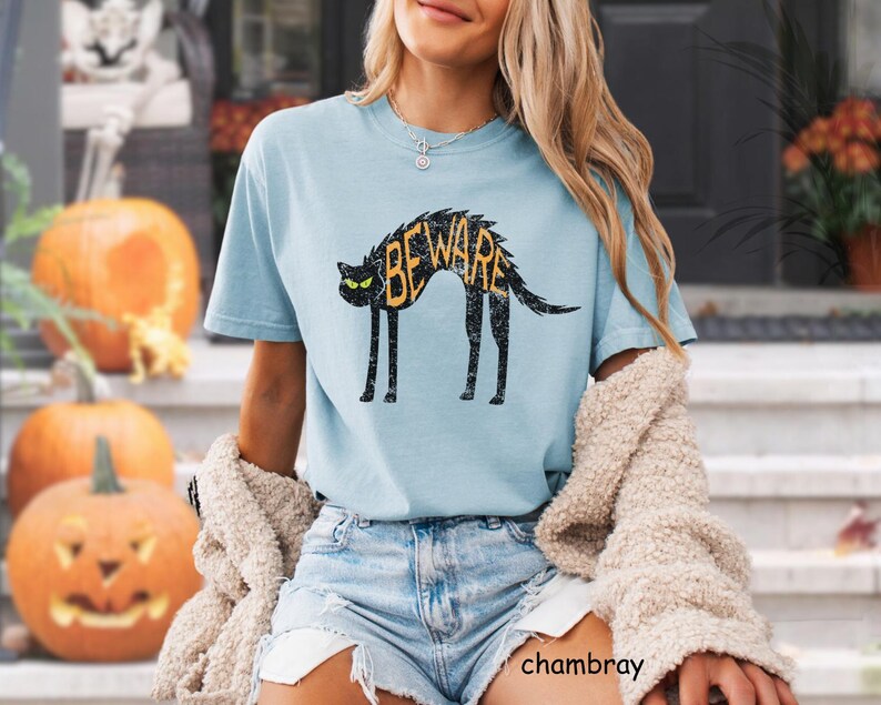 Vintage Black Cat Halloween T-Shirt: Retro Distressed Spooky Season Tee, Alternative Halloween Costume Outfit Shirt, Autumn Fall Ascetic Chambray