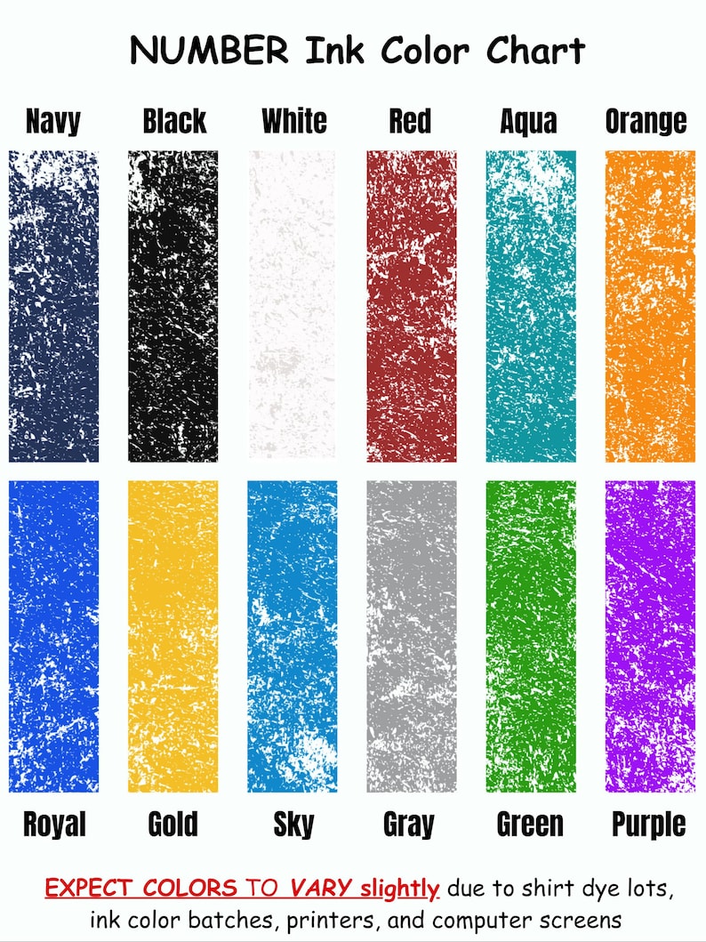 Puede incluir: Un gr&aacute;fico de colores titulado "NUMBER Ink Color Chart" muestra rect&aacute;ngulos verticales de varios colores, incluyendo azul marino, negro, blanco, rojo, aguamarina, naranja, real, dorado, celeste, gris, verde y morado. El texto inferior advierte sobre ligeras variaciones de color.