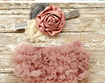 SALE Ruffle Baby Bloomers and Headband Set - Antique Pink Mauve, Ivory and Gray  - Great Photo Prop
