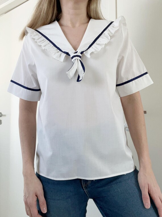 Vintage 70s 80s Sailor Collar Blouse, White Nautical Top With Navy