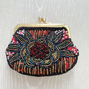 Vintage Beaded Coin Purse, Retro Multicoloured Embroidered Money Pouch