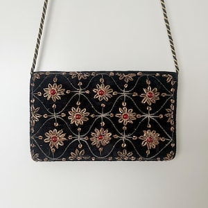 Vintage 1960s 1970s Black Velvet Evening Clutch, Gold Embroidered Crossbody Purse