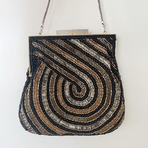 Vintage 60s Beaded Evening Bag, Rare Handmade Art Deco Spiral Flapper Bag