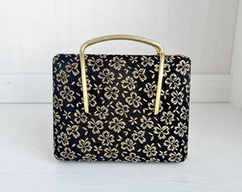 Vintage Mid Century Evening Box Purse, Retro Golden Floral Brocade Evening Clutch
