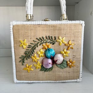 Vintage Embroidered Wicker Top Handle Bag, Retro Floral Simon Box Basket Purse