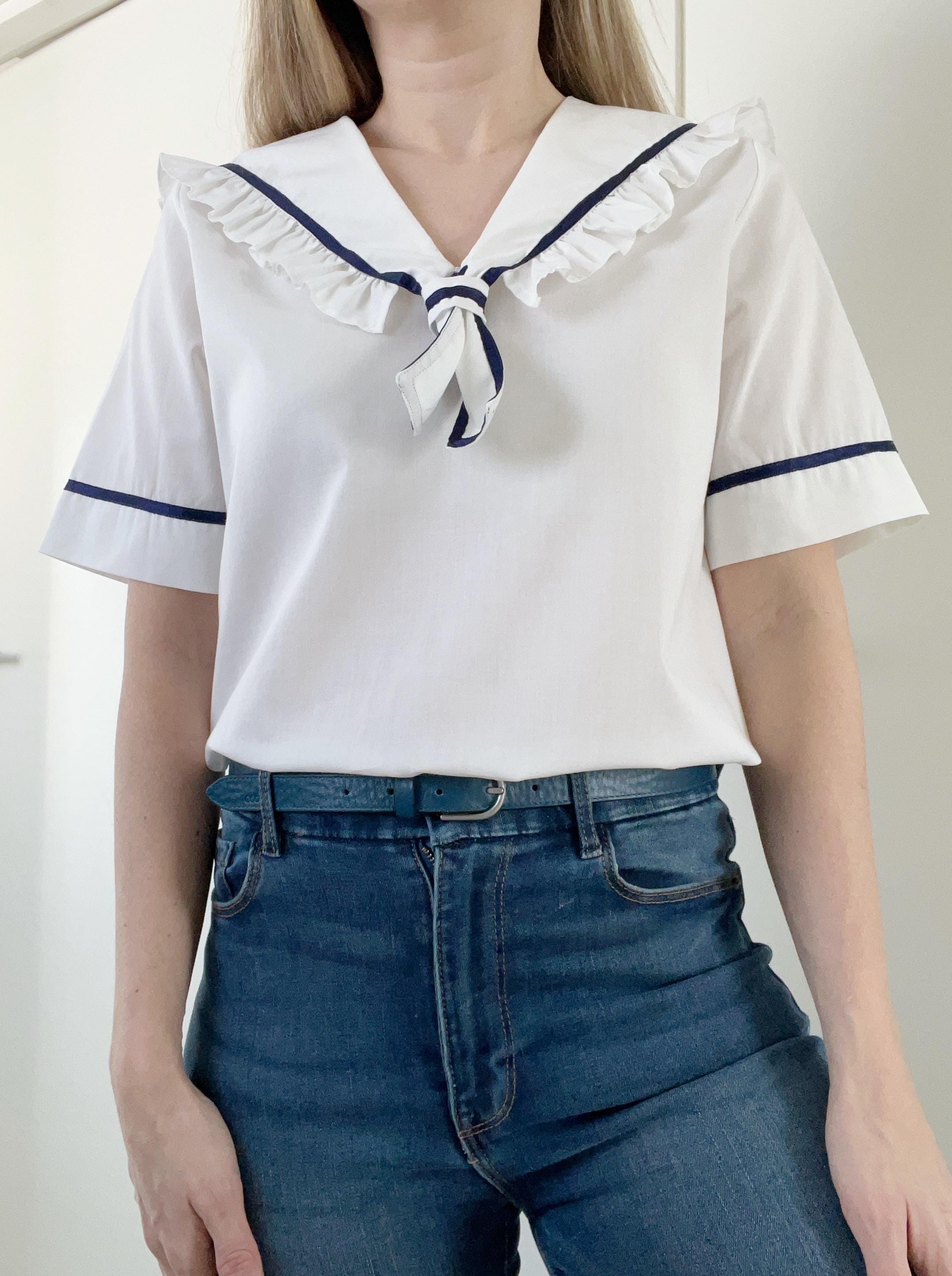 Vintage 70s 80s Sailor Collar Blouse, White Nautical Top With Navy