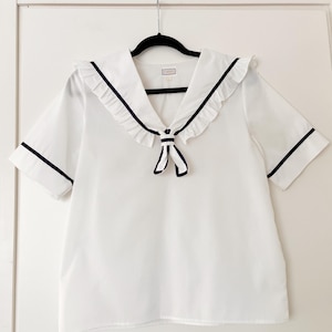 Vintage 70s 80s Sailor Collar Blouse, White Nautical Top With Navy