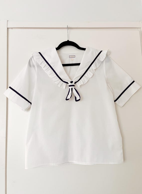 Vintage 70s 80s Sailor Collar Blouse, White Nautical Top With Navy