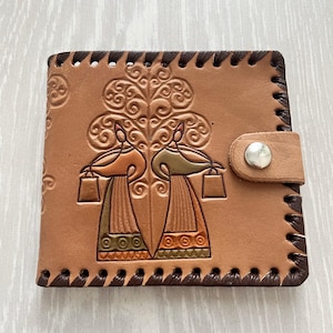 Portefeuille en cuir vintage des années 1980, portefeuille rétro beige fait main