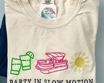 Embroidered Comfort Colors Tee Party Boat Summer Icons, Ladies Weekend Vibes Tee, Pontoon Boat T-Shirt, Margaritas and Boat Tee