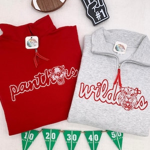 May include: A red quarter-zip sweatshirt with white 'panthers' text and a panther graphic, and a heather gray quarter-zip sweatshirt with red 'wildcats' text and a wildcat graphic. Includes a wooden football, a foam finger, and a football field banner.