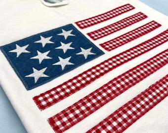 Embroidered USA Flag Tee, Stars and Stripes t-shirt, Patriotic T-Shirt for Women, Women’s 4th of July shirt, Americana Aesthetic t-shirt