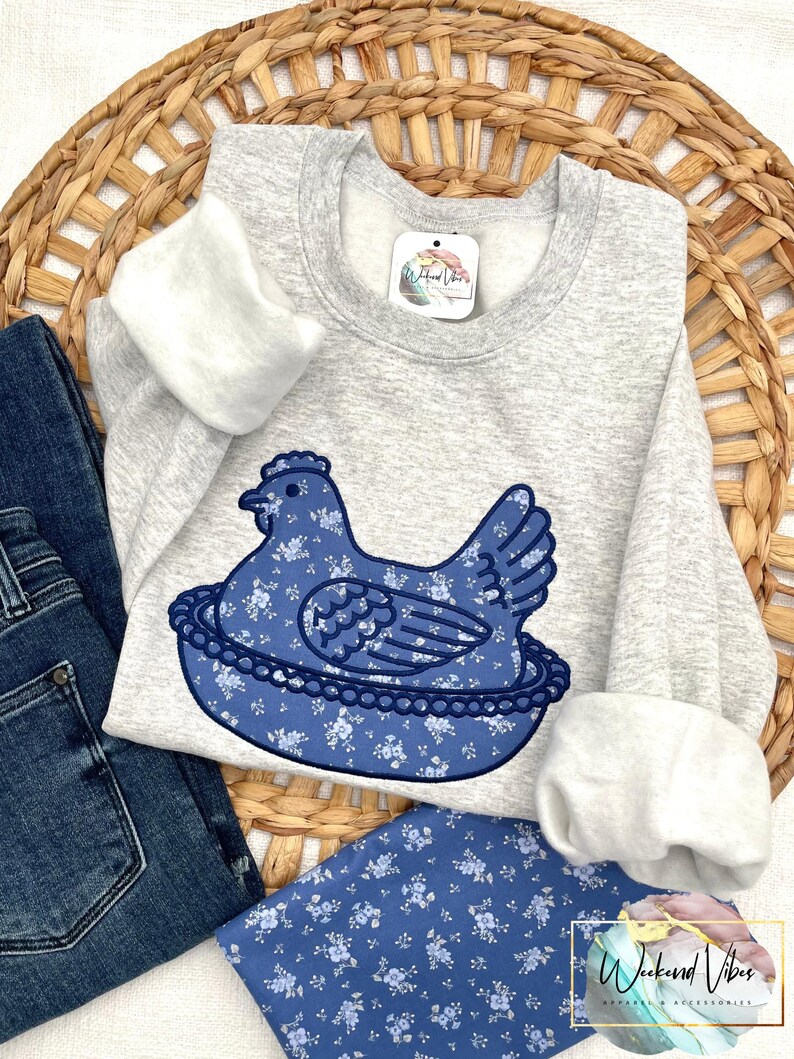 Hen on Nest using Ash sweatshirt, Fabric C, and Navy thread.