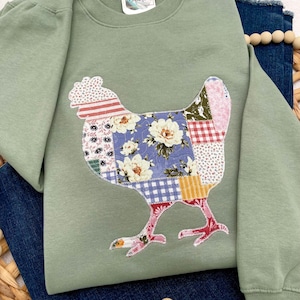 Embroidered Cottagecore Patchwork Chicken Sweatshirt, Quilted Chicken, Applique Chicken Sweatshirt, Patchwork Hen Shirt, Chicken Lover Gift image 8
