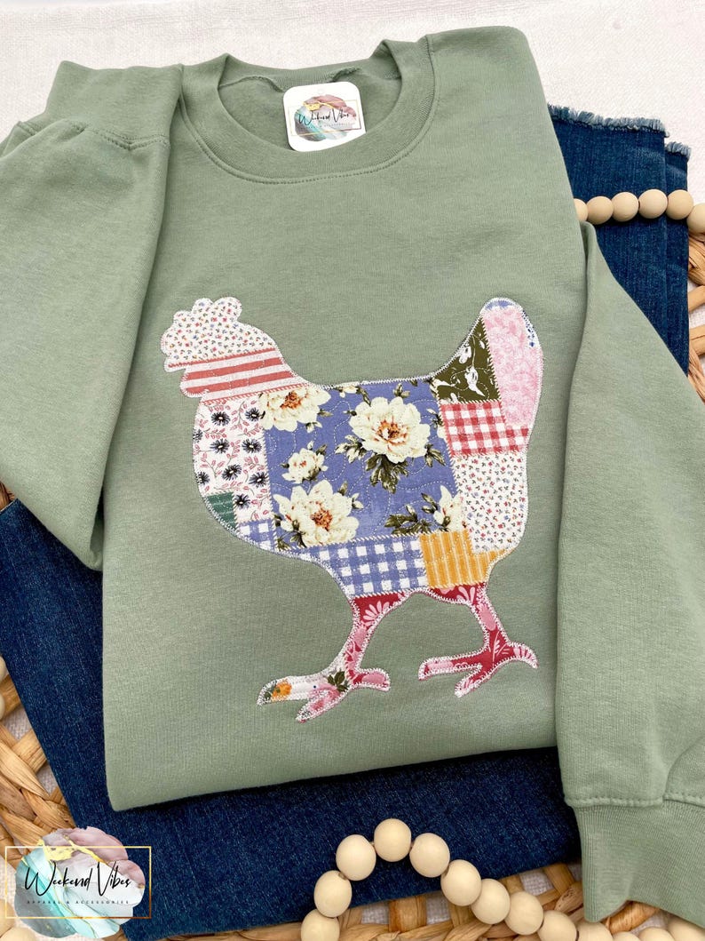 Embroidered Cottagecore Patchwork Chicken Sweatshirt, Quilted Chicken, Applique Chicken Sweatshirt, Patchwork Hen Shirt, Chicken Lover Gift image 8