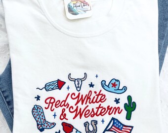 Embroidered Patriotic Western Tee: Red White & 4th of July Comfort Colors T-Shirt