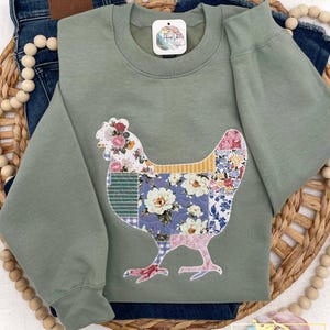 Embroidered Cottagecore Patchwork Chicken Sweatshirt, Quilted Chicken, Applique Chicken Sweatshirt, Patchwork Hen Shirt, Chicken Lover Gift image 4